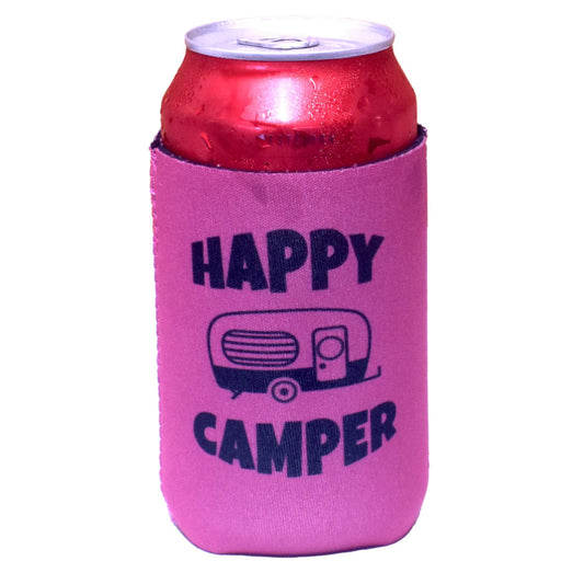 Pink Happy Camper magnetic stubby holder keeping a red can cold