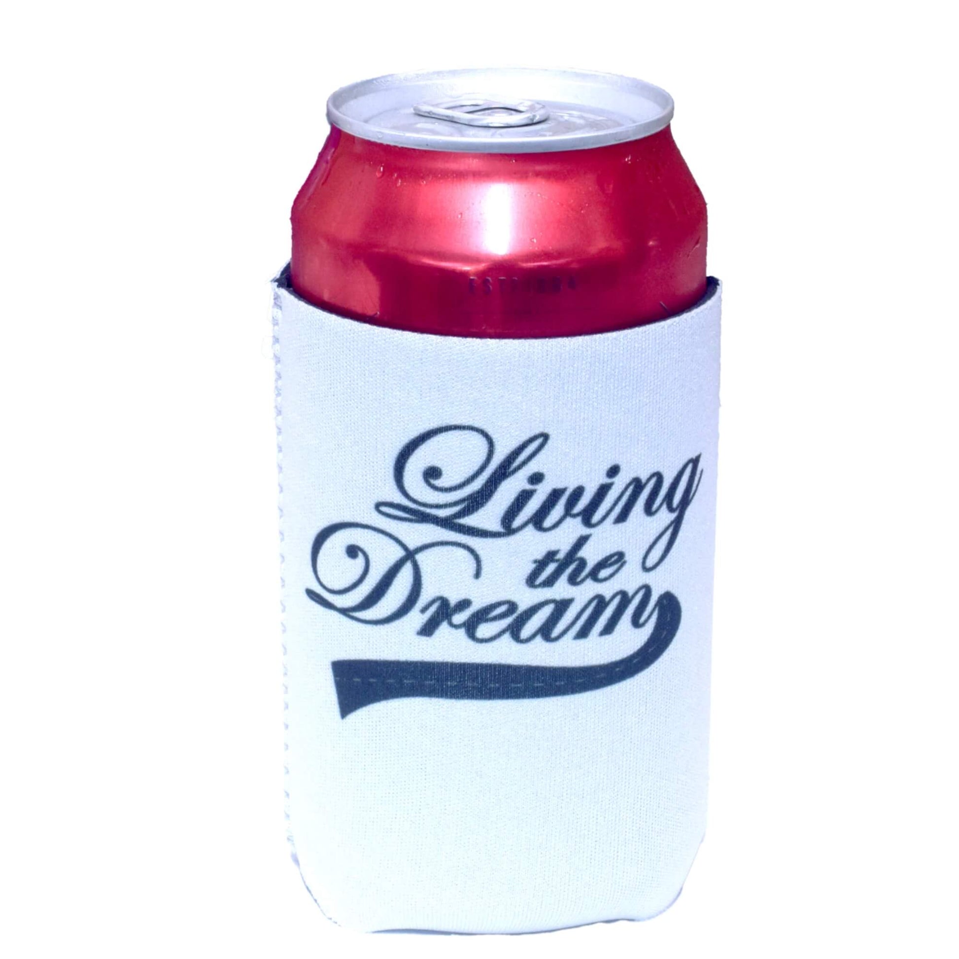 White Living The Dream magnetic stubby holder with red can