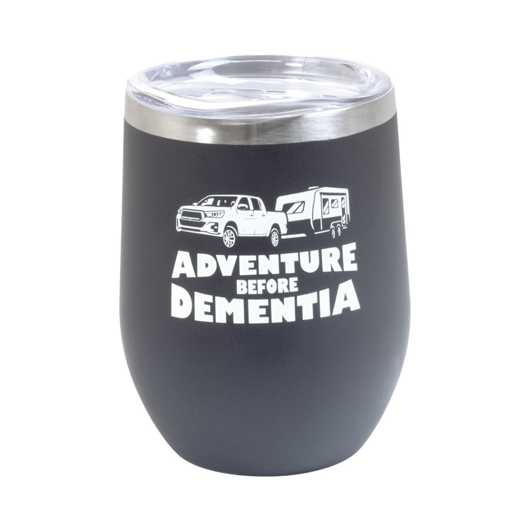 Black Keep Cup – Adventure Before Dementia Insulated 340ml Stainless Steel Travel Cup for Camping and Caravans