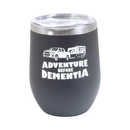 Black Keep Cup – Adventure Before Dementia Insulated 340ml Stainless Steel Travel Cup for Camping and Caravans