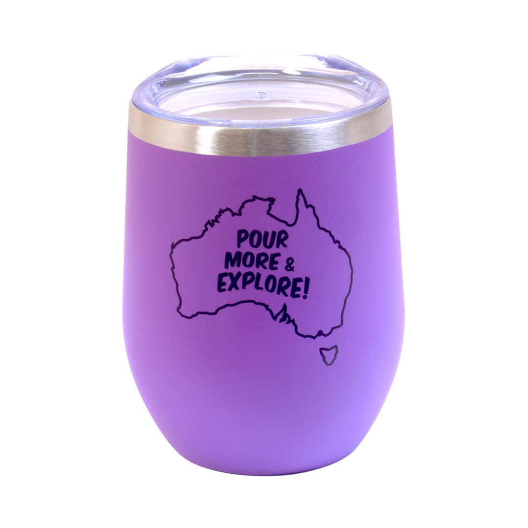 Purple Keep Cup – Pour More and Explore Insulated 340ml Travel Cup for Camping and Caravans