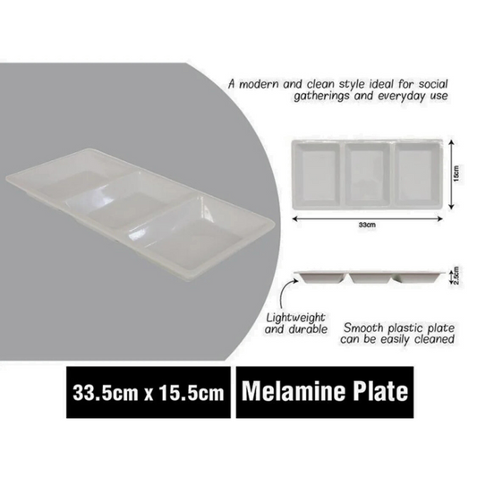 White melamine serving plate with 3 sections for camping, caravanning, or entertaining