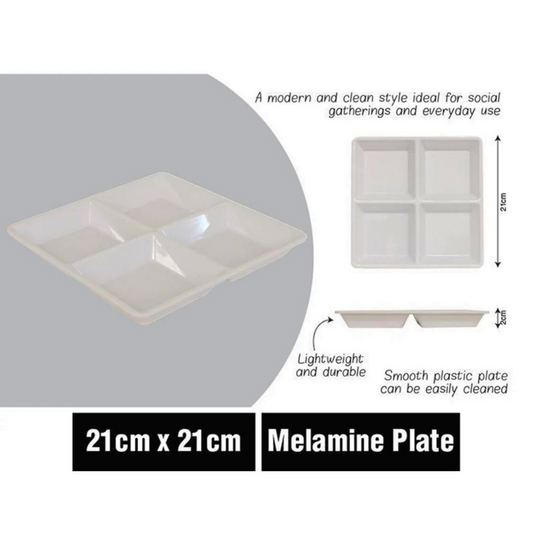 White melamine serving plate with 4 sections for snacks, appetisers, and caravanning