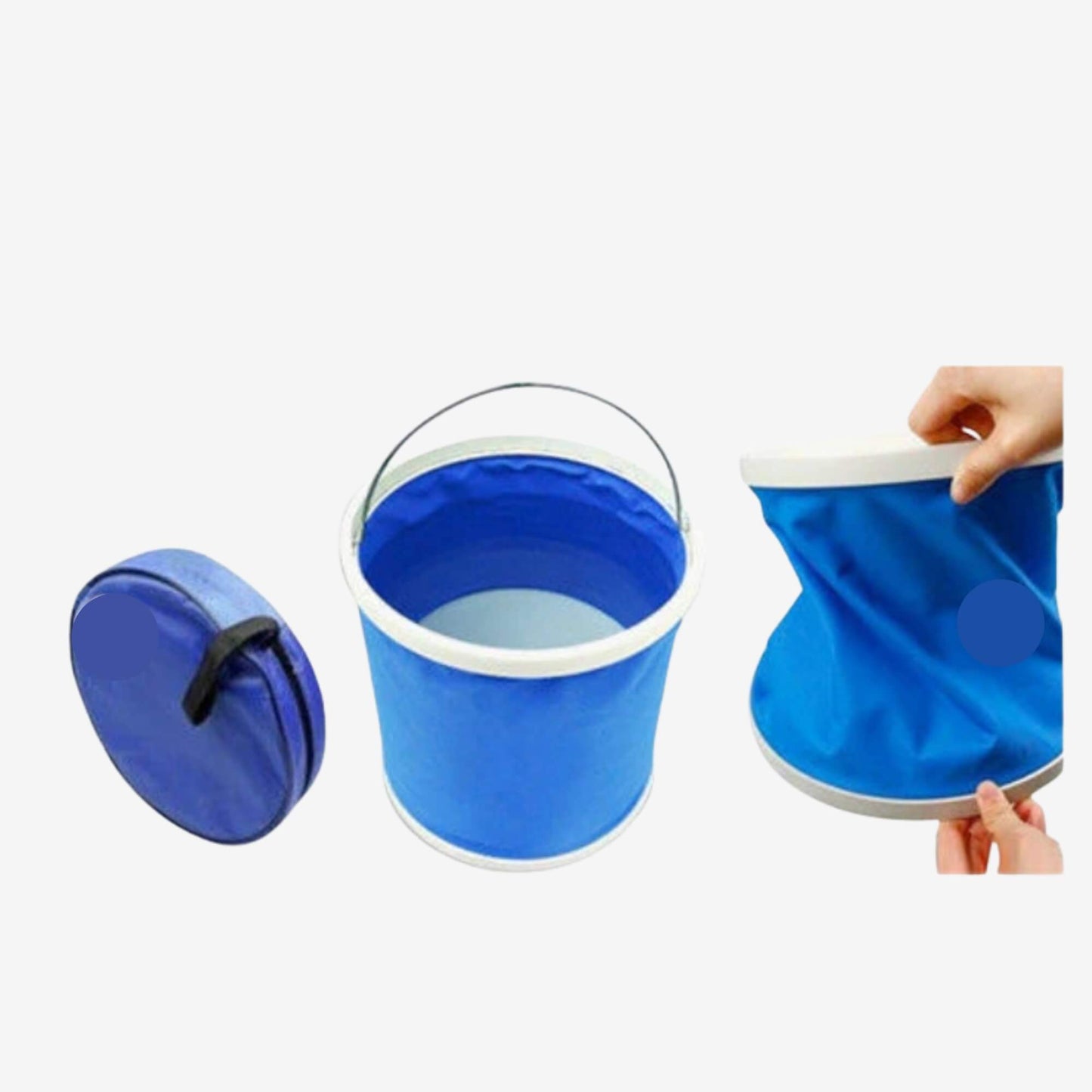 Collapsible 9L blue bucket shown folded, expanded and being compressed