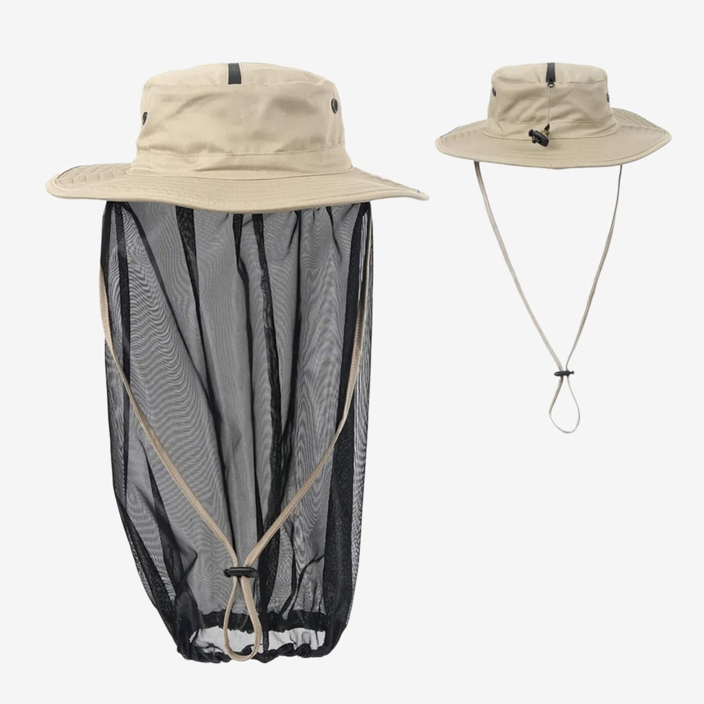Beige mozzie hat with integrated black insect net for camping and caravanning