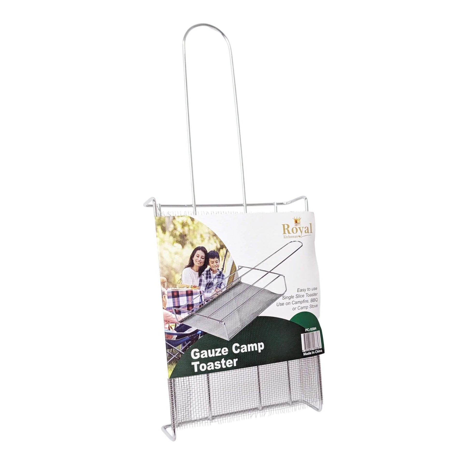 A metal gauze camp toaster by Royal, shown in its retail packaging with a hanging wire handle and printed insert card on a plain white background.