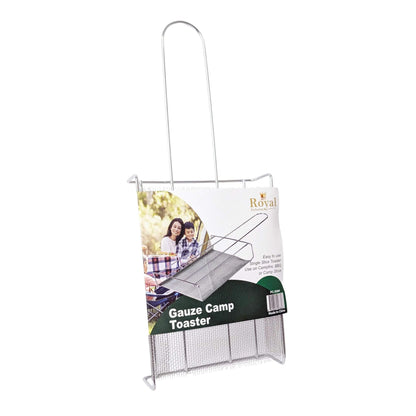 A metal gauze camp toaster by Royal, shown in its retail packaging with a hanging wire handle and printed insert card on a plain white background.
