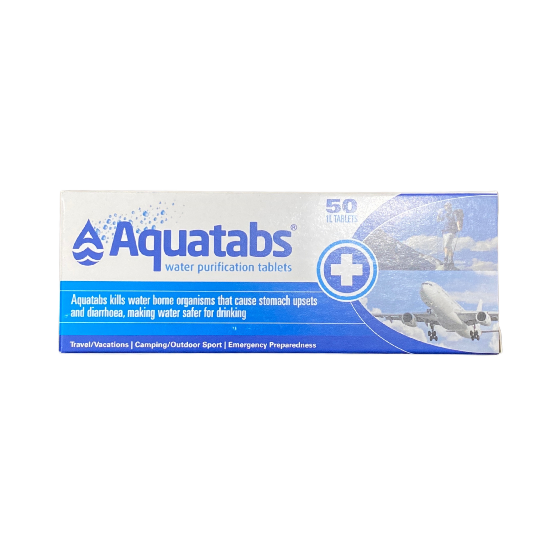 AquaTabs Water Purification Tablets pack – 50 tablets for purifying 1L of water each, ideal for camping, travel, and emergency use
