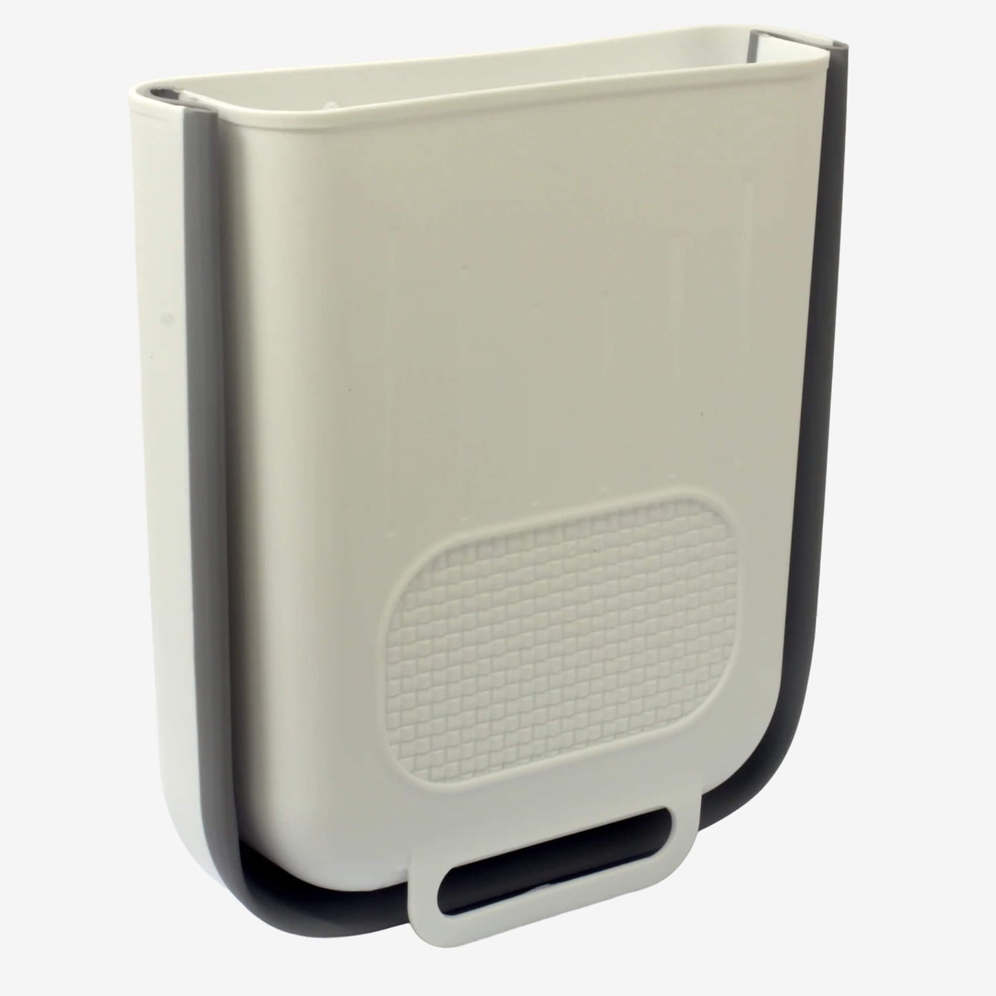 Collapsed grey and white 10L RV compact bin showing slim folded profile