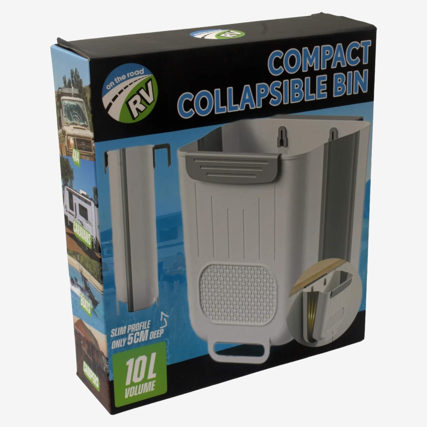 On The Road 10L compact collapsible bin in retail packaging