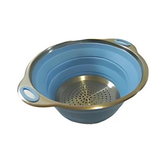 Collapsible blue silicone colander with 24cm diameter, ideal for caravans and camping kitchens

