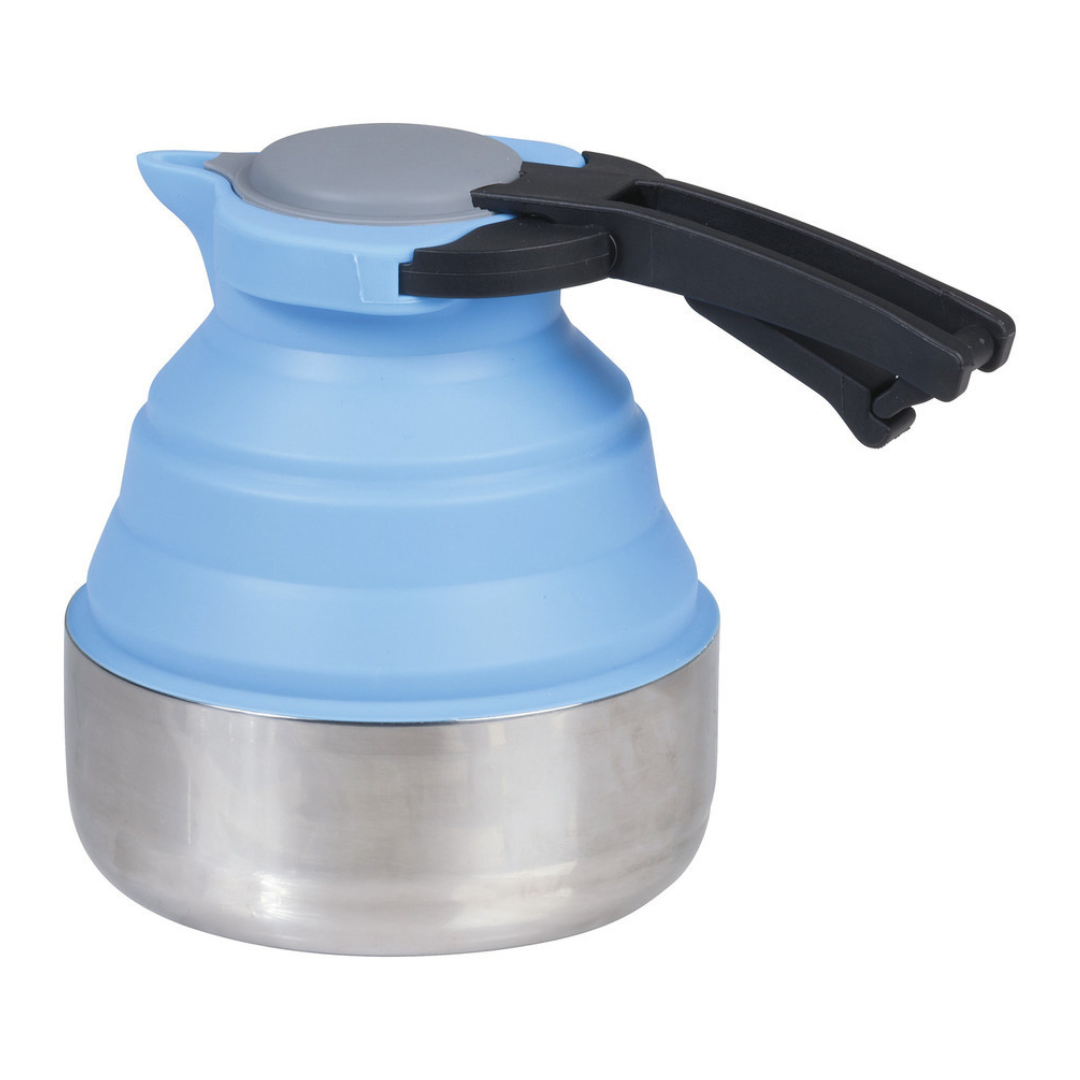 Collapsible 1.8L blue silicone kettle with stainless steel base and foldable design for camping or caravans