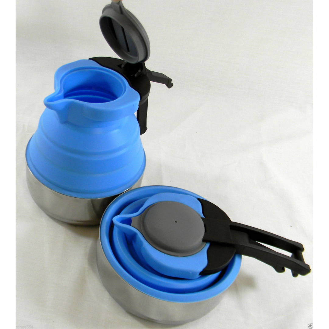 Collapsible 1.8L blue silicone kettle with stainless steel base and foldable design for camping or caravans