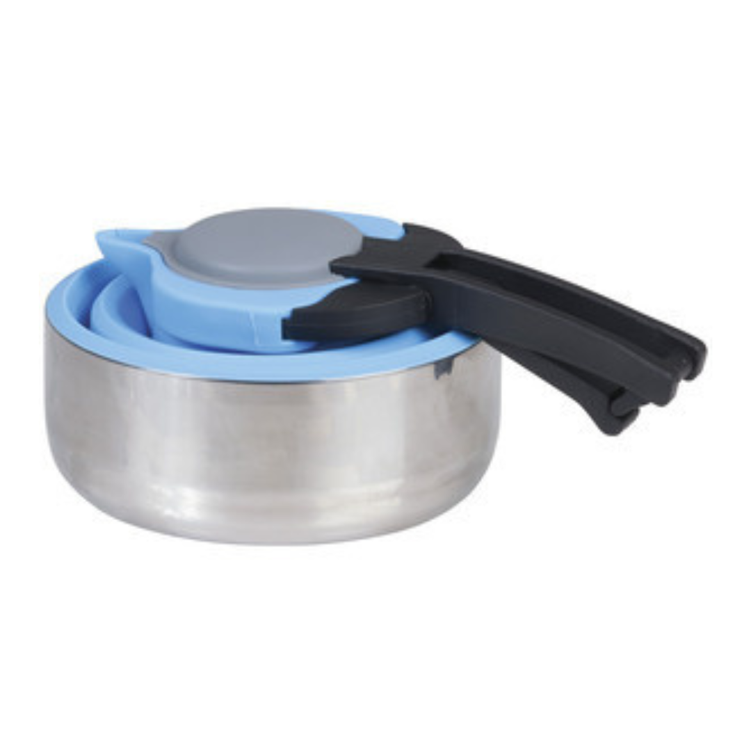 Collapsible 1.8L blue silicone kettle with stainless steel base and foldable design for camping or caravans