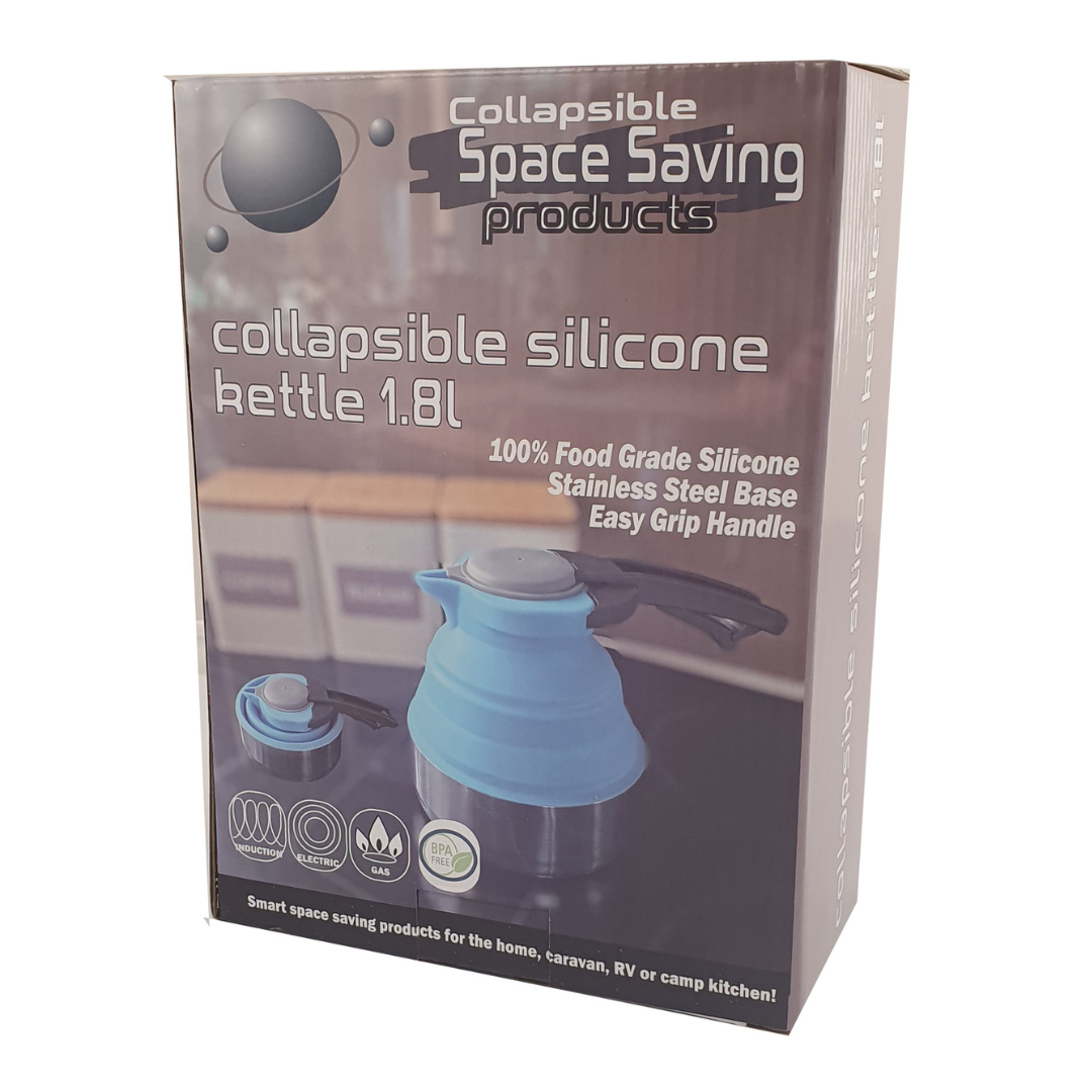 Collapsible 1.8L blue silicone kettle with stainless steel base and foldable design for camping or caravans