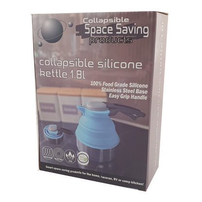 Collapsible 1.8L blue silicone kettle with stainless steel base and foldable design for camping or caravans