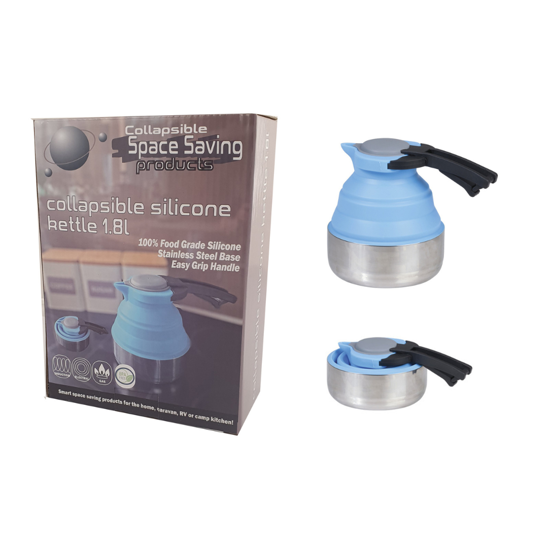 Collapsible 1.8L blue silicone kettle with stainless steel base and foldable design for camping or caravans