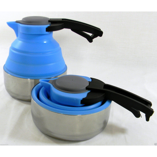 Collapsible 1.8L blue silicone kettle with stainless steel base and foldable design for camping or caravans
