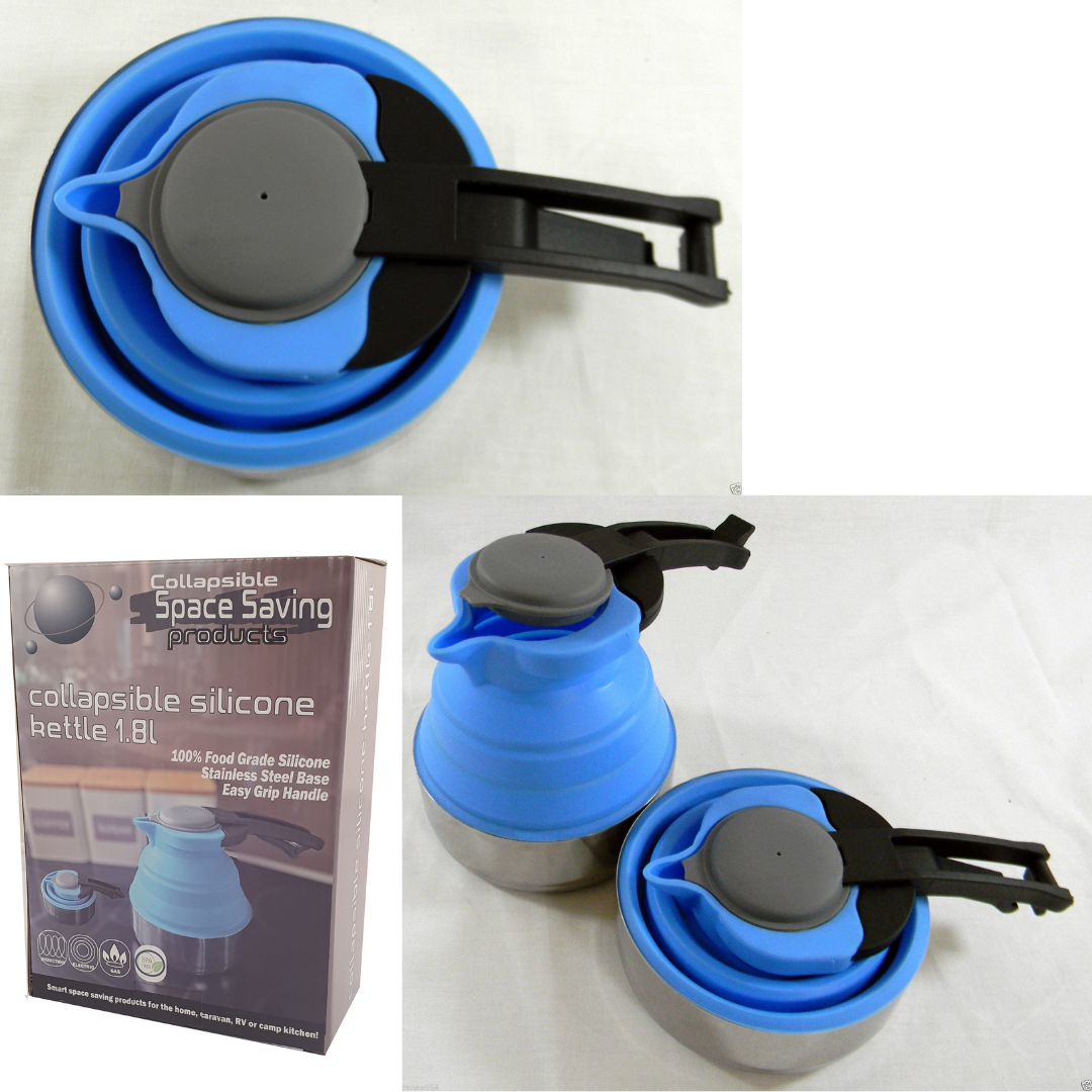 Collapsible 1.8L blue silicone kettle with stainless steel base and foldable design for camping or caravans
