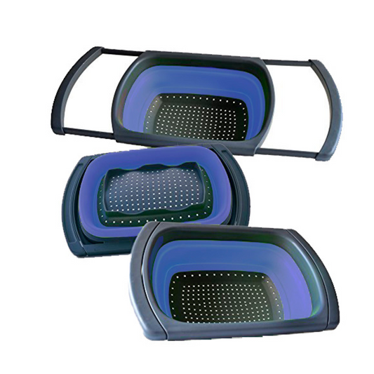 Collapsible over-the-sink strainer in blue/grey, expandable to 600mm wide, BPA-free design