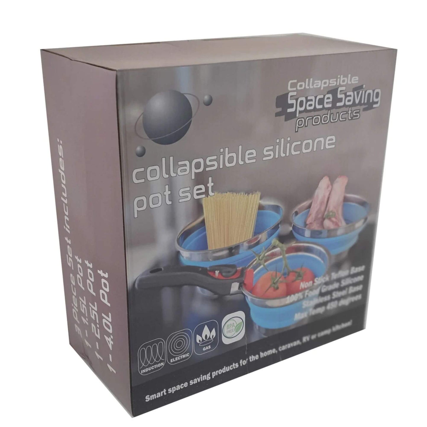 Non-stick collapsible silicone pot set of three with detachable handle, ideal for caravans, RVs, and compact kitchens.
