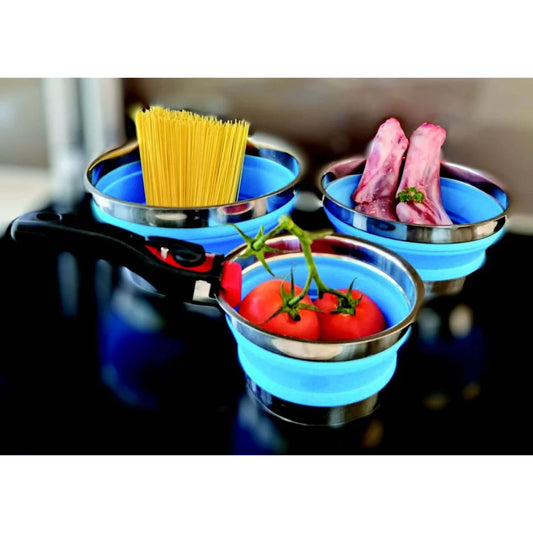 Non-stick collapsible silicone pot set of three with detachable handle, ideal for caravans, RVs, and compact kitchens.