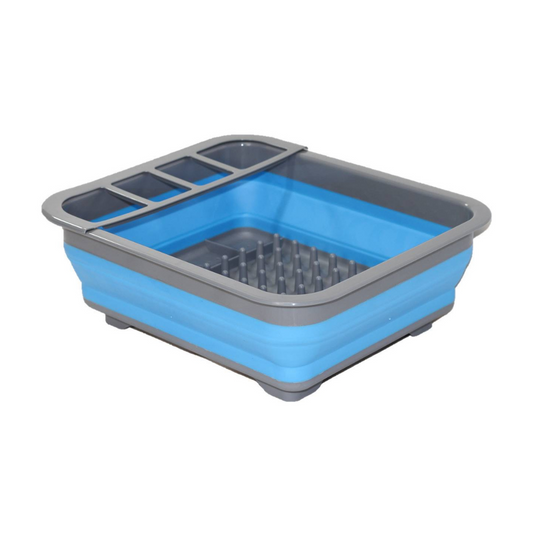 Collapsible blue silicone dish drainer with cutlery divider, 36.5cm wide and 12cm tall when expanded


