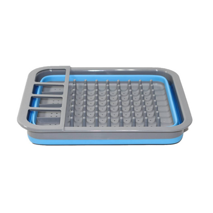 Collapsible blue silicone dish drainer with cutlery divider, 36.5cm wide and 12cm tall when expanded

