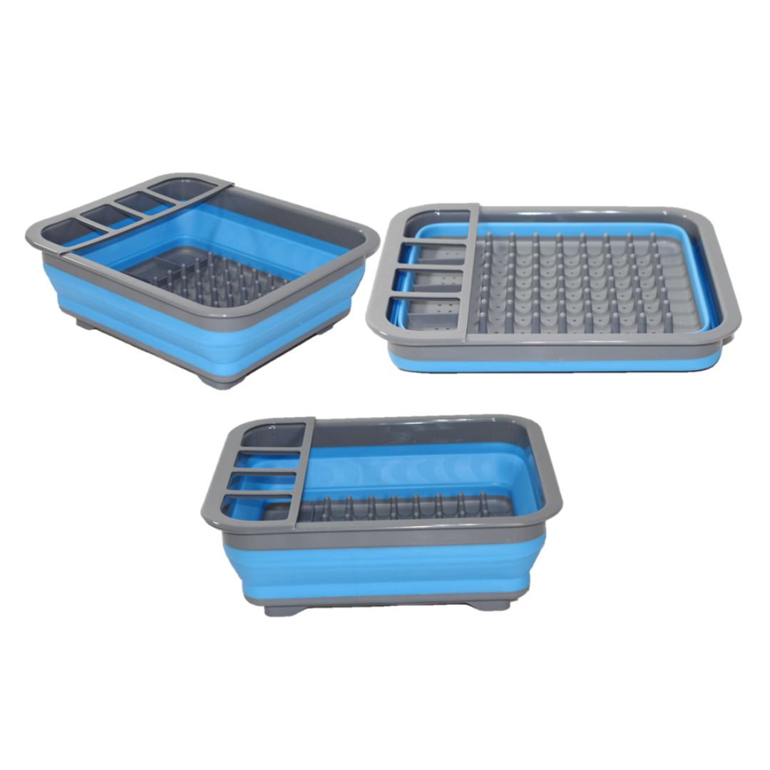 Collapsible blue silicone dish drainer with cutlery divider, 36.5cm wide and 12cm tall when expanded

