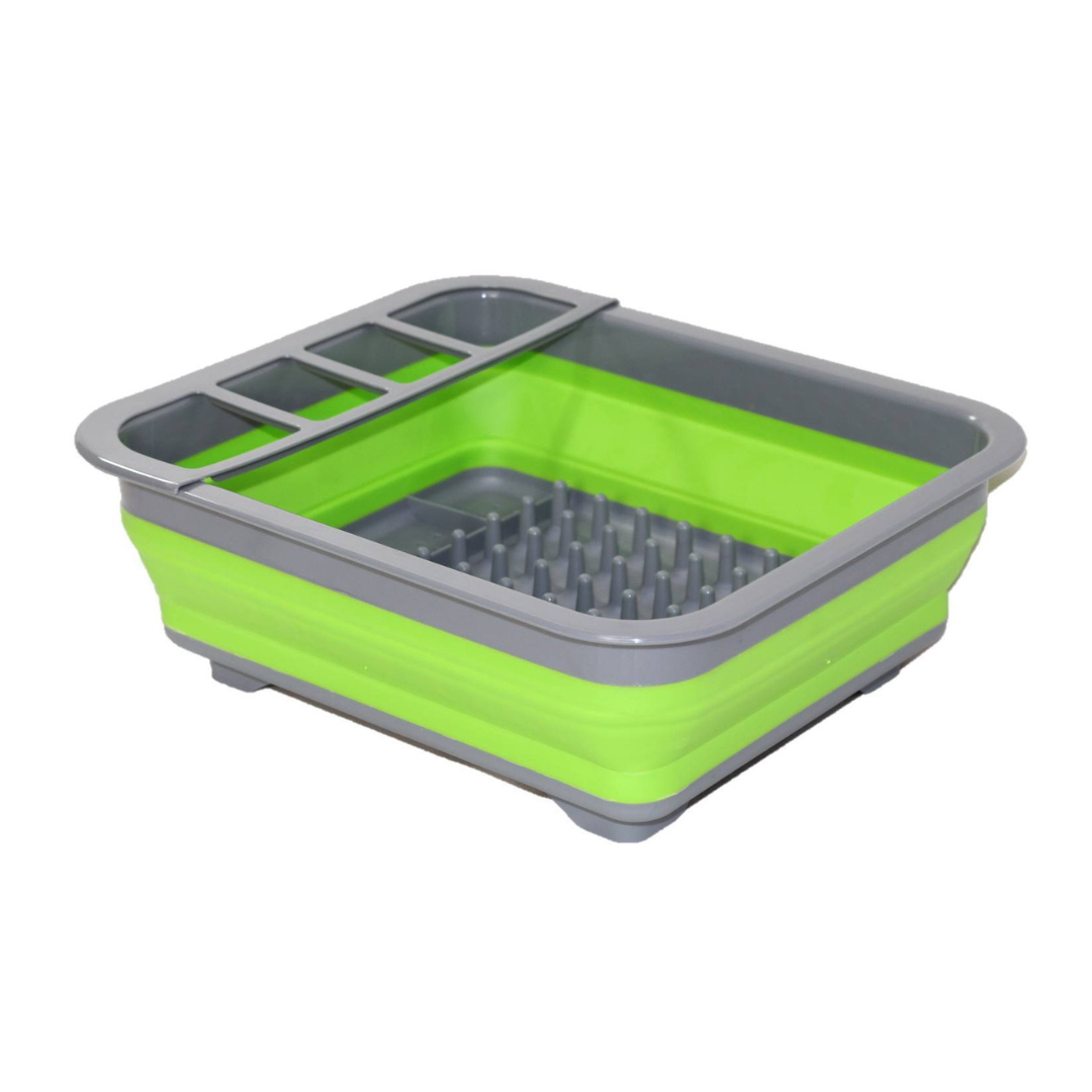 Collapsible green silicone dish drainer with cutlery divider, 36.5cm wide and 12cm tall when expanded