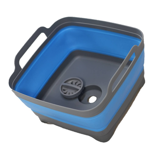 Collapsible blue sink with plug, BPA-free, folds flat for caravans, boats, or camping kitchens