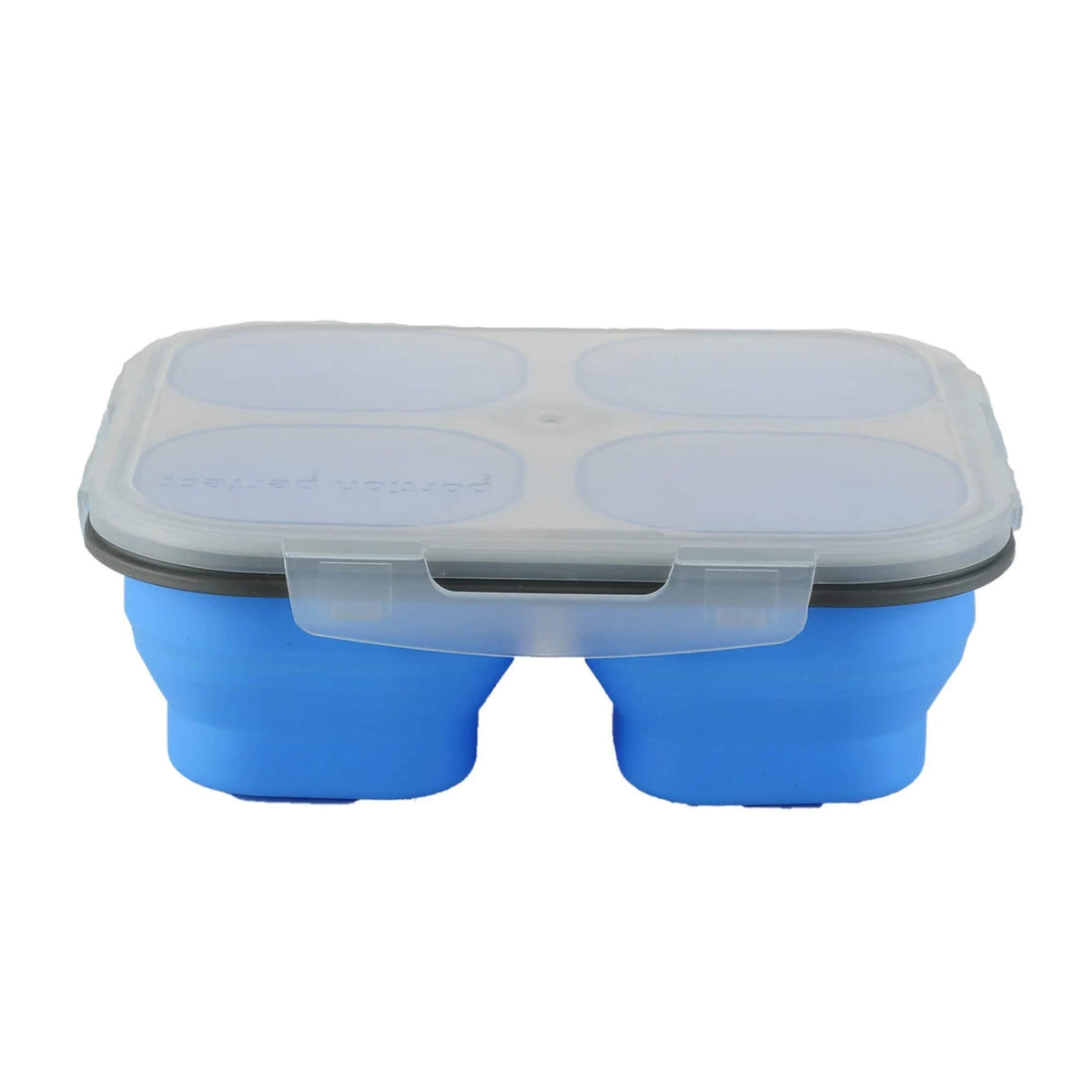 A blue silicone 4 compartment container with a translucent clear plastic lid, shown on a plain white background.