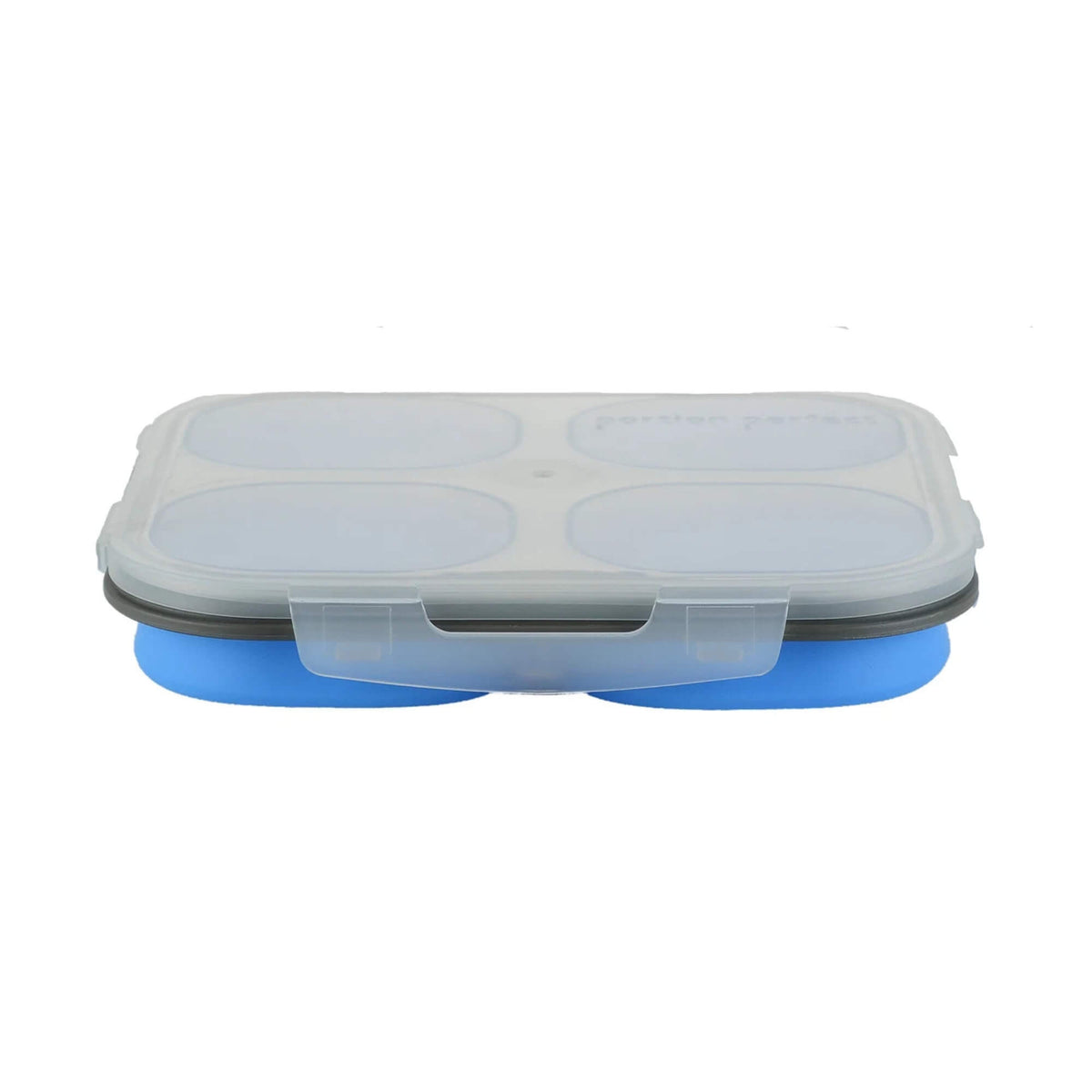 A silicone travel food storage container with a translucent lid, four oval compartments, and a blue base, shown on a plain white background.