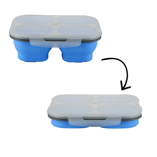 A blue silicone 4 compartment tub with a translucent lid shown in two positions, with a black arrow pointing from the expanded top view to the folded bottom view, on a white background.
