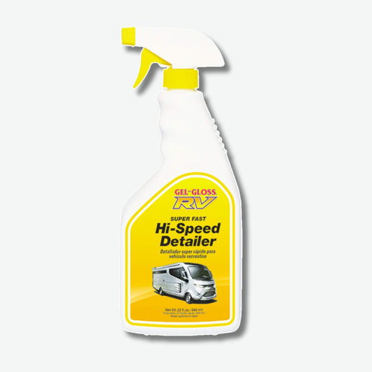 A bottle of RV Hi-Speed Detailer spray with a white plastic body, yellow trigger sprayer, and a yellow label featuring the Gel-Gloss RV brand and an illustration of a white RV.