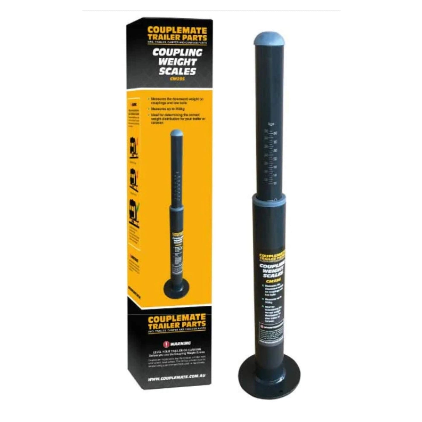 Couplemate Ball Weight Scale with retail box showing 100–350 kg tow ball weight measuring tool