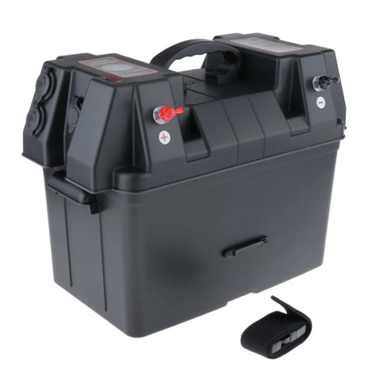 High Spec 12V battery box with voltmeter, USB ports, and heavy-duty handle for portable outdoor power