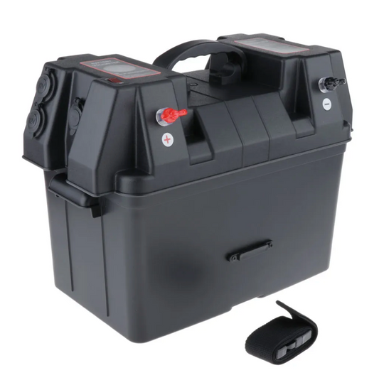 High Spec 12V battery box with voltmeter, USB ports, and heavy-duty handle for portable outdoor power