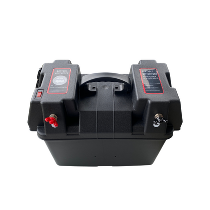 High Spec 12V battery box with voltmeter, USB ports, and heavy-duty handle for portable outdoor power