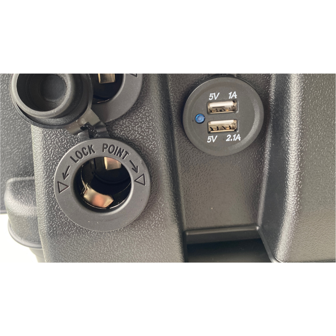 High Spec 12V battery box with voltmeter, USB ports, and heavy-duty handle for portable outdoor power