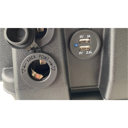 High Spec 12V battery box with voltmeter, USB ports, and heavy-duty handle for portable outdoor power