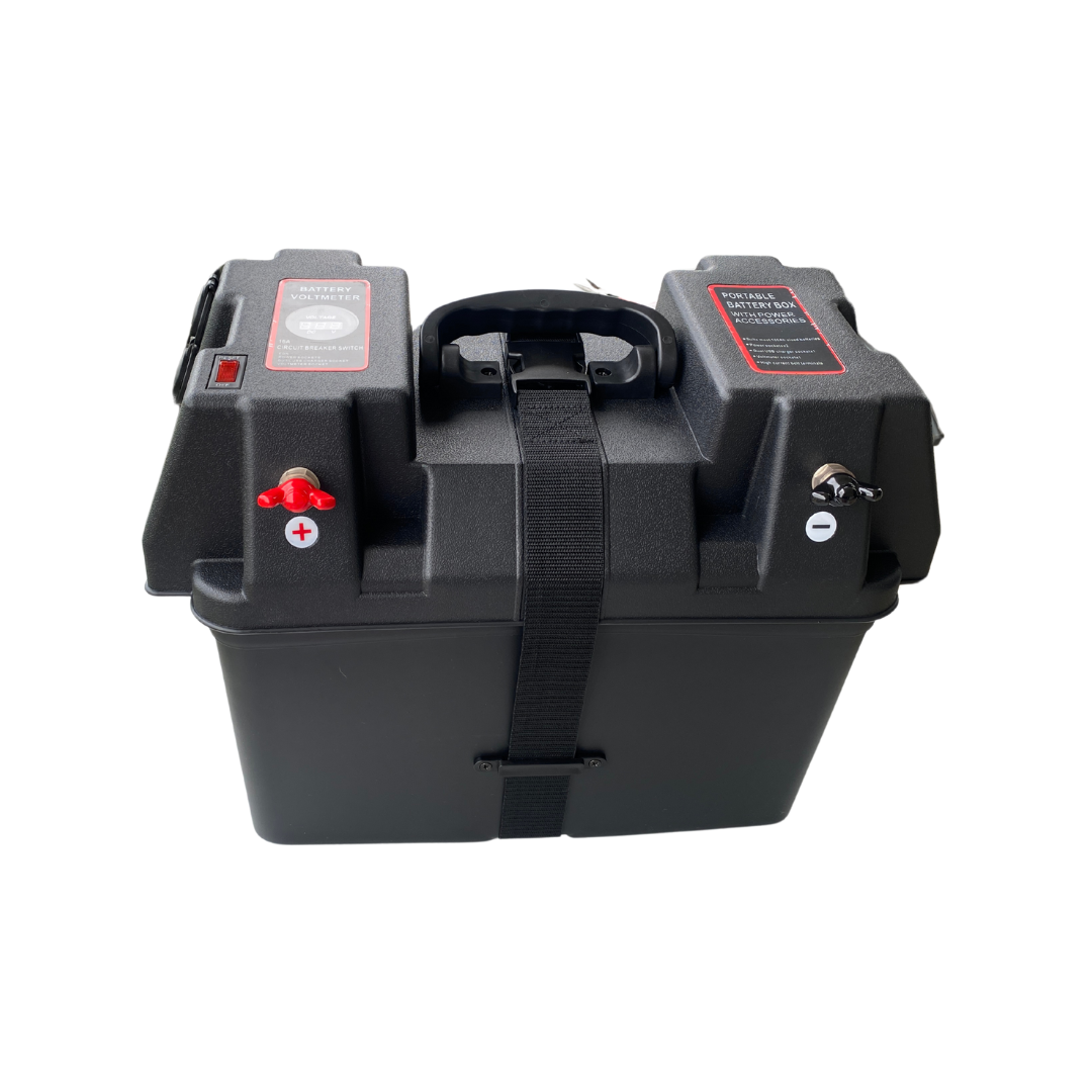 High Spec 12V battery box with voltmeter, USB ports, and heavy-duty handle for portable outdoor power
