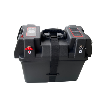 High Spec 12V battery box with voltmeter, USB ports, and heavy-duty handle for portable outdoor power