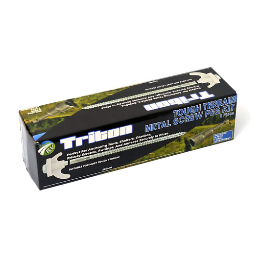 Triton Tough Terrain Metal Screw Peg Kit 8 pack with 200mm steel pegs and drill attachment for securing tents, awnings, annexes, and shelters