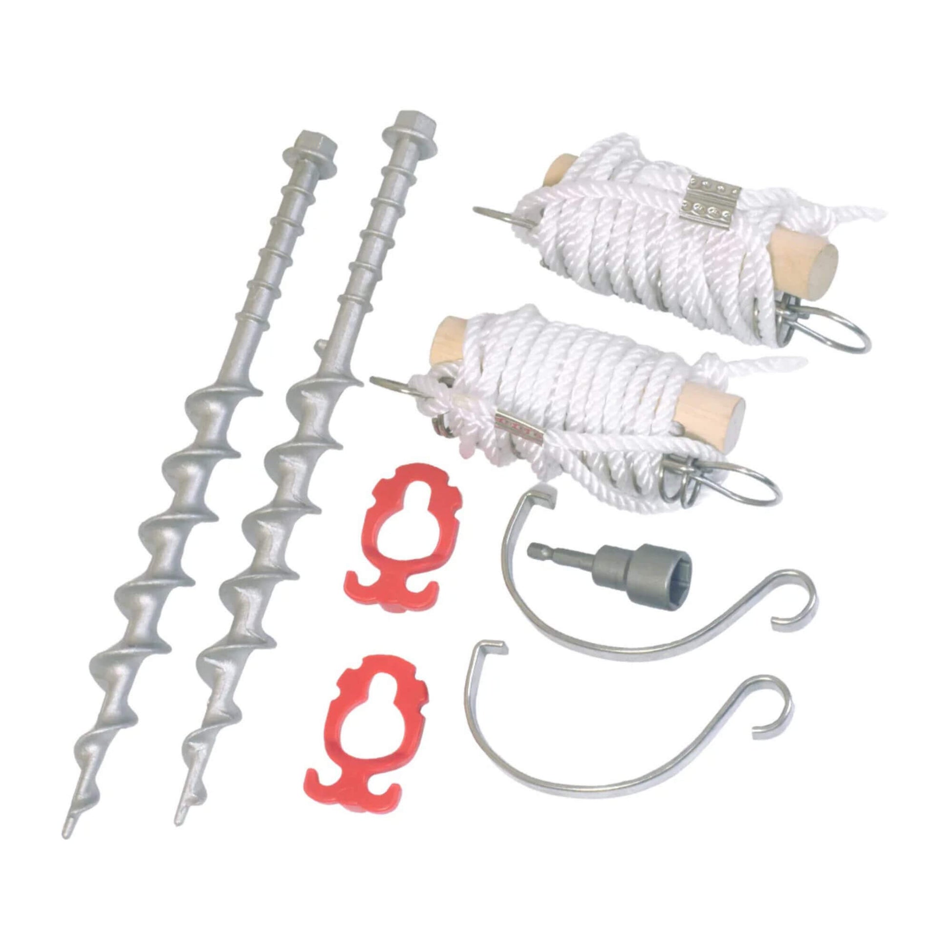 Deluxe Awning Tie Down Kit with metal screw pegs, clips, and guy ropes for securing caravan awnings.