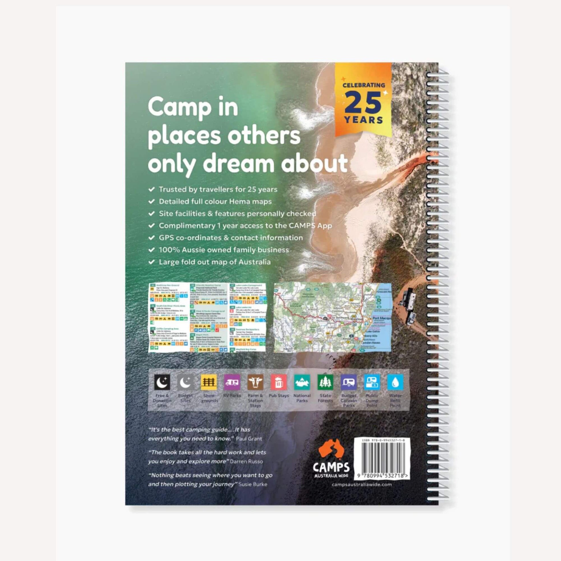 Back cover of a camping guidebook with text and map, featuring the CAMPs brand.