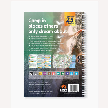 Back cover of a camping guidebook with text and map, featuring the CAMPs brand.