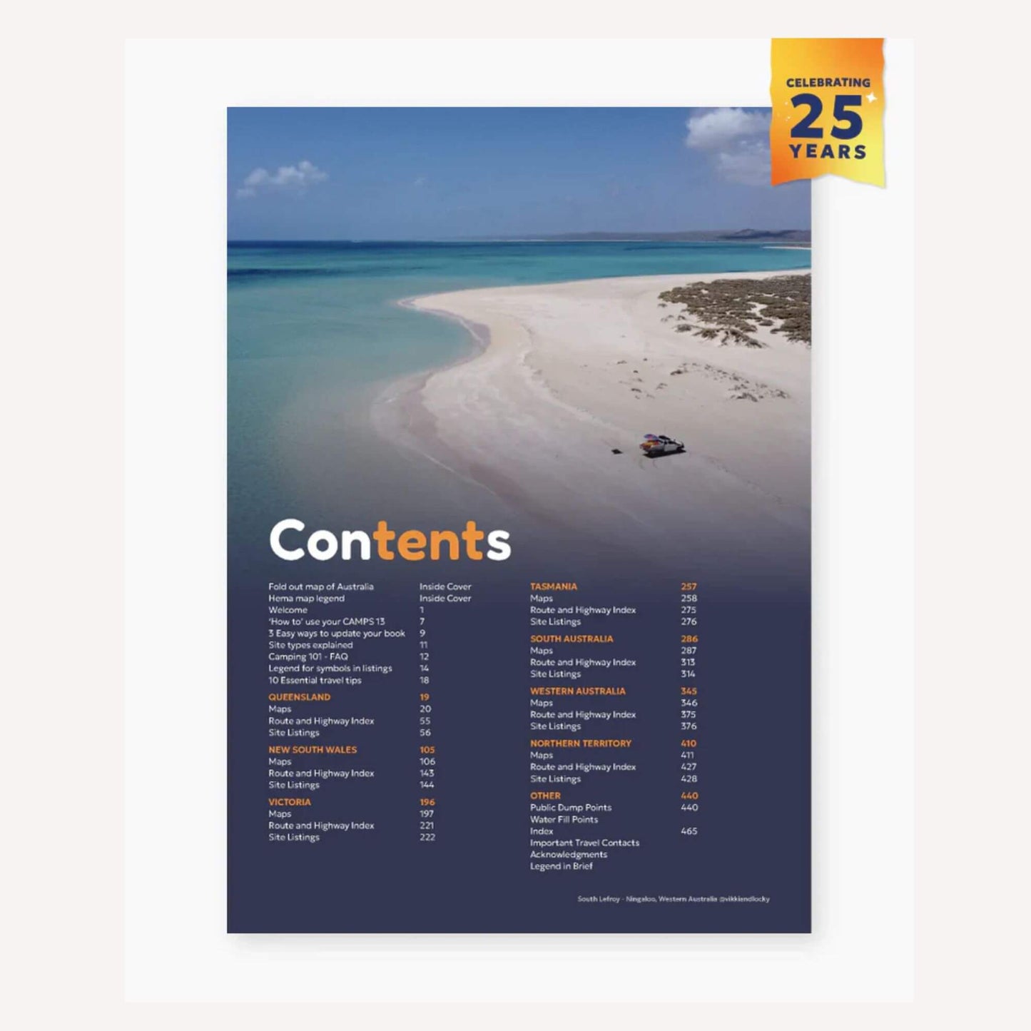 Contents page of a travel guidebook with a beach and boat image, celebrating 25 years.