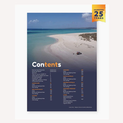Contents page of a travel guidebook with a beach and boat image, celebrating 25 years.