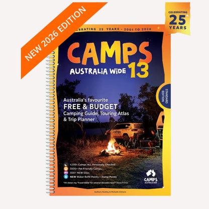 Camps Australia Wide 13 camping guide with a car and campfire on the cover